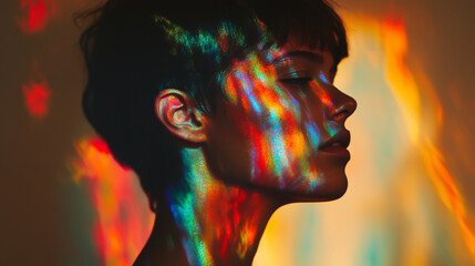 Profile of a Woman Illuminated with Iridescent Prismatic Light Effects, Radiant Colors and Dynamic Reflections