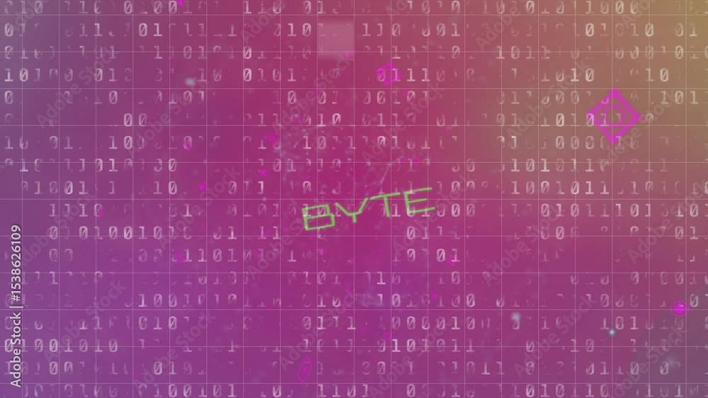Poster scrolling binary digits forming cyan particles, scanning neon bars, assembling green byte text
