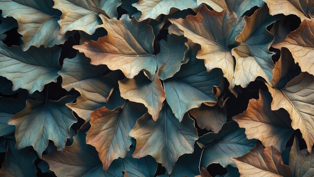 Frosted fallen oak leaves texture. Winter leaves appearance in December. Dry oak leaves scattered on the winter ground - Powered by Adobe