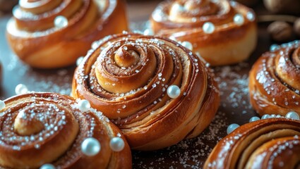 Freshly baked cinnamon buns adorned with pearl sugar