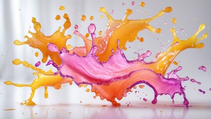 Obraz premium Fruit juice splatters onto a white background.