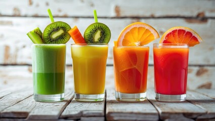 Fruit and vegetable juice in glasses and pieces of fresh fruits arranged on a wooden table against a wooden wall background