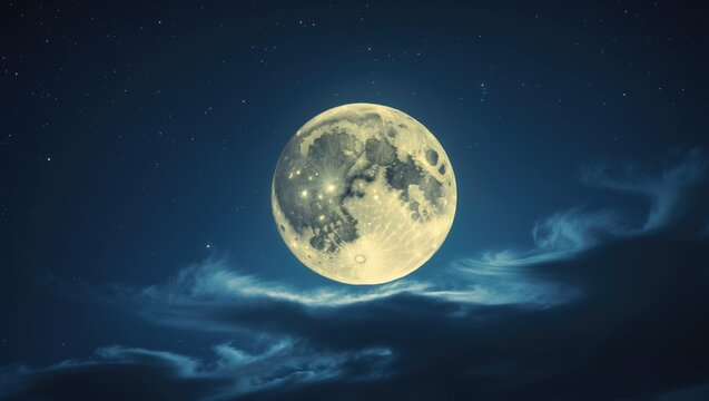 Full moon in the sky at night accompanied by stars and clouds