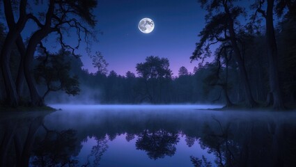 Full moon reflected on a mystical forest lake at night