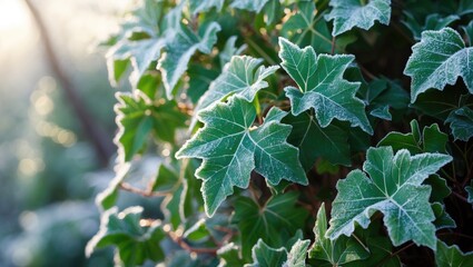 Frosty outdoor English ivy during winter season.