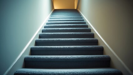 Front view of luxury house staircase adorned with a beige color carpet, providing a warm and soft feeling when walking up and down.