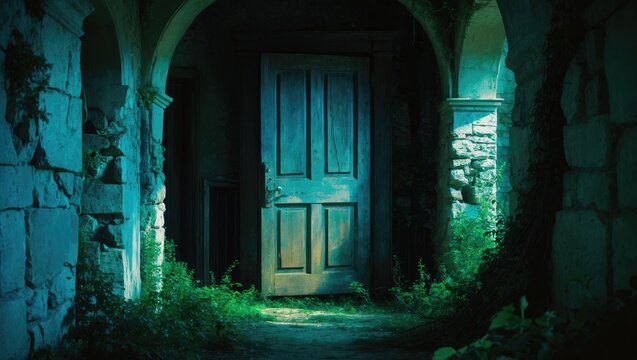 Front view of a creepy haunted house with an eerie atmosphere.