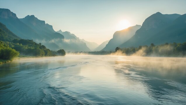 From a perspective at the center of the river and the range.