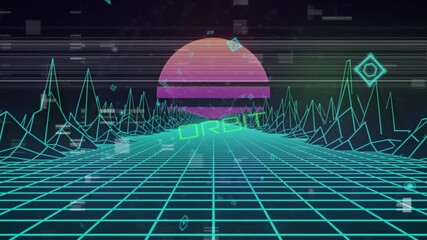 Opening wireframe grid under half-sun in cyberspace pulsing scanlines glitches and dissolving ORBIT - Powered by Adobe