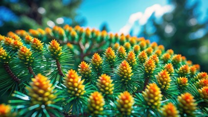 Fresh new pine cones developing on conifer tree. pine tree growth in spring. vibrant fresh colors of evergreen tree.