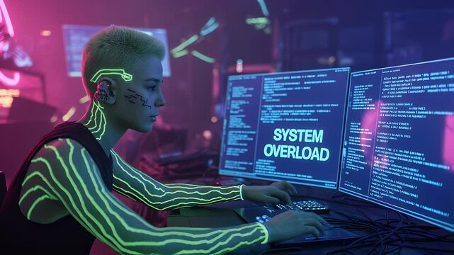 Cyberpunk System Overload: A skilled individual immersed in a neon-lit cyberpunk environment faces a system overload on dual screens.