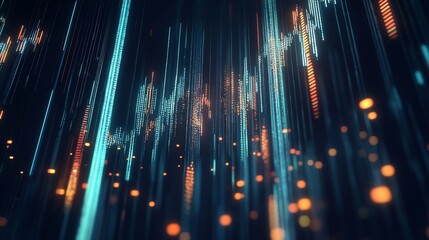 Abstract data stream visualization with financial chart and glowing particles