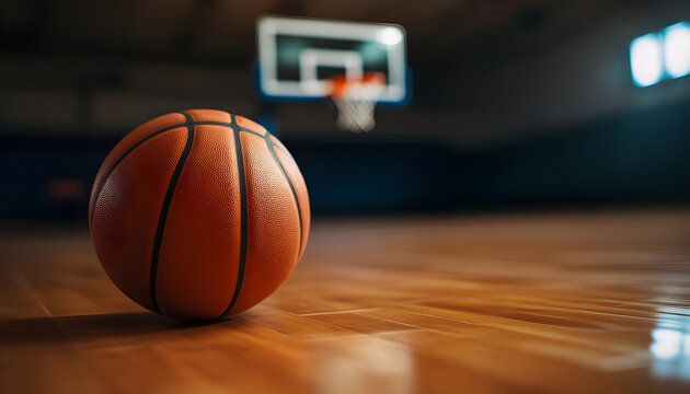 Orange basketball sits wooden court. Sports equipment in basketball hall, net, backboard in background. Basketball game, competition. Championship, sport recreation - Powered by Adobe