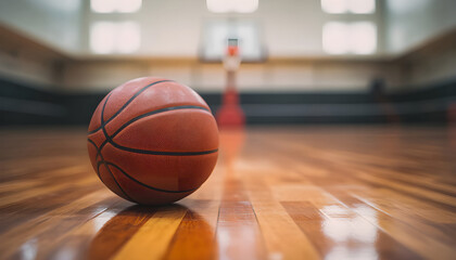 Orange basketball sits wooden court. Sports equipment in basketball hall, net, backboard in background. Basketball game, competition. Championship, sport recreation