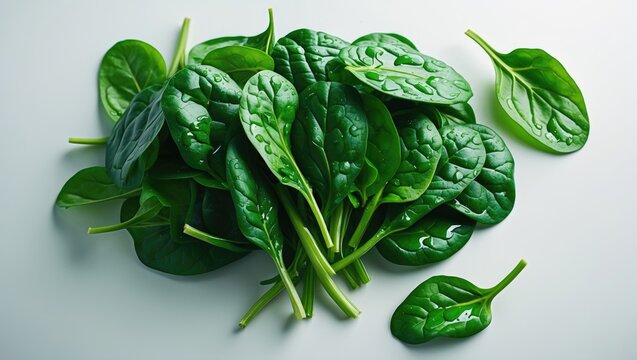 Fresh spinach (Spinacia oleracea) leaves, top view. Natural daylight color, with separated shadow and clipping paths.