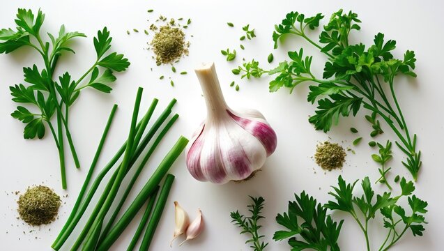 Fresh herbs and garlic for cooking and flavor enhancement.