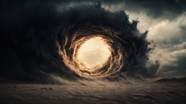 A dramatic swirling cloud vortex forms a glowing tunnel above a barren landscape under a stormy sky.