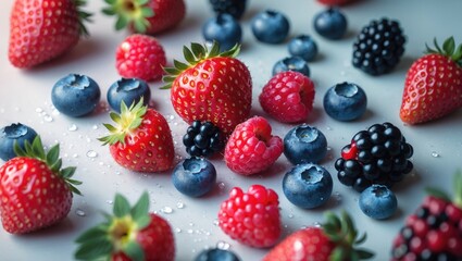 Fresh summer berries in a variety of flavors seen from the top.