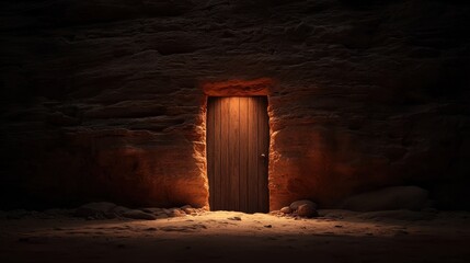A glowing wooden door is set into a rugged, dark stone wall, illuminating the surrounding sand and rocks with warm light.