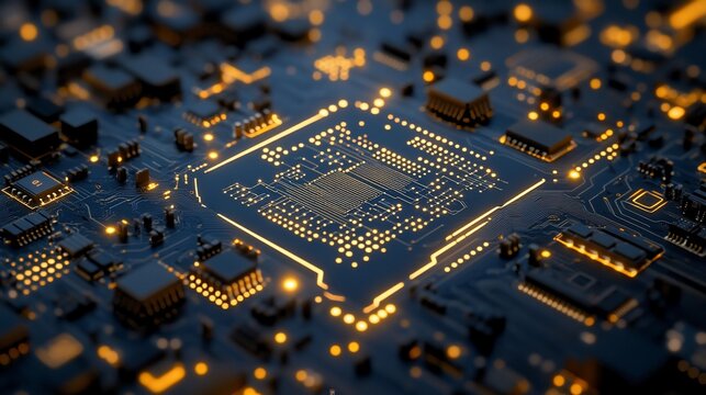 Close-up of a circuit board with a central processor chip, highlighted by warm golden light - Powered by Adobe