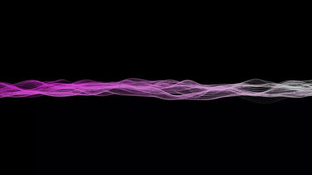 Animated abstract particle waves flowing across black background with gradient color. Abstract dot wave with vibrant colorful streaming dots. Flowing colorful dot stream with abstract wave motion.
