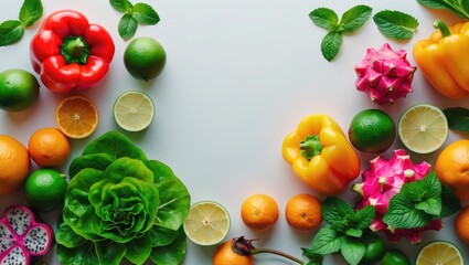 Fresh fruit and vegetable. Top-down view of fresh raw organic vegetables on a white background.