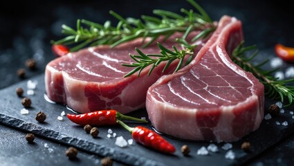 Fresh raw meat seasoned with spices, rosemary, and red pepper displayed on black slate against a dark background