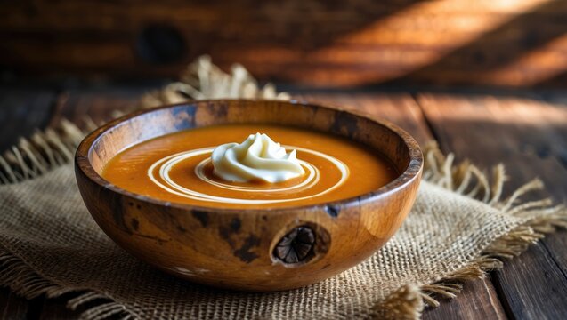 Fresh homemade cream of carrot soup topped with a swirl of cream, served in a wooden bowl.