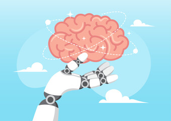 a robotic hand holding a glowing human brain