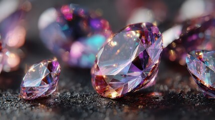 Beautifully cut gemstones sparkling under soft light are artfully arranged on a dark surface reflecting vibrant colors