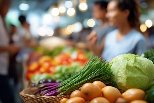 Vibrant market scene with fresh produce and diverse shoppers in background
