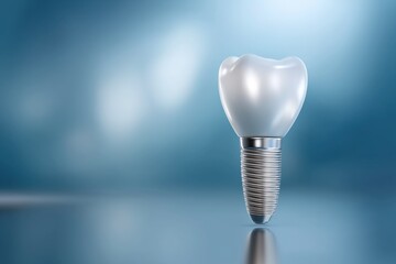 Dental implant with tooth crown on reflective surface against blue background