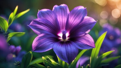 A violet bloom basking in sunlight in a garden setting