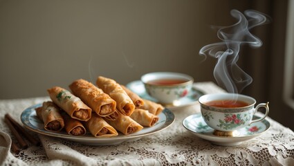 A serving of crispy fried snacks alongside a steaming cup of tea