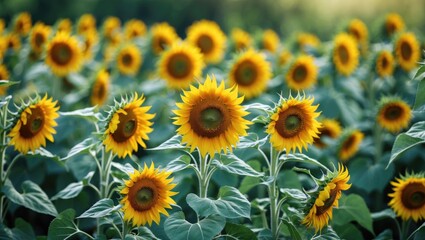 Fototapeta premium Vast sunflower field showcasing vibrant yellow blooms amidst lush green foliage