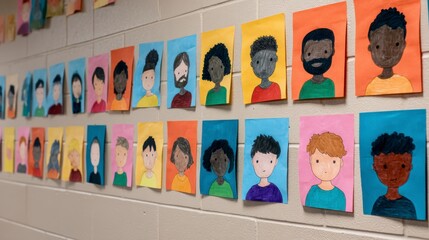 Colorful Portraits of Diverse Children Displayed on a Classroom Wall Showcasing Creativity and Individuality