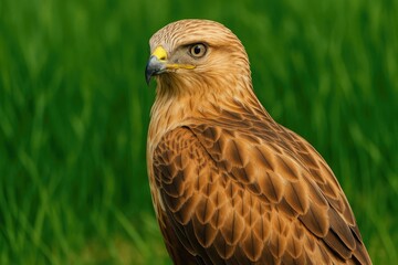 Fototapeta premium An image of a tall-legged raptor perched amidst lush green grass