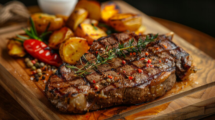 Juicy grilled ribeye steak served with potatoes and vegetables on a wooden plate.