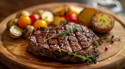 Juicy grilled ribeye steak served with potatoes and vegetables on a wooden plate.