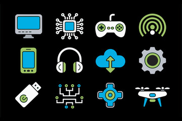 Fototapeta premium Twelve Colorful Technology Icons Set Computer Monitor Smartphone Headphones Game Controller Drone Wifi Signal