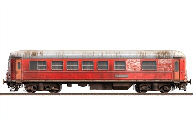 Fototapeta premium Rusty red vintage passenger train car isolated on white background.