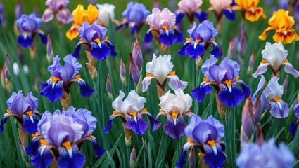 A multitude of iris blossoms in full bloom