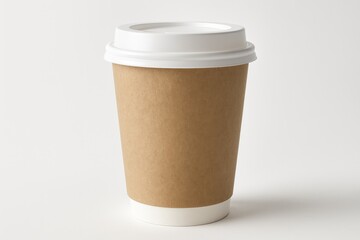 Empty paper cup with lid for coffee or tea on plain white background