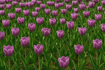 Fototapeta premium A vibrant display of numerous stunning lilac tulips in a garden bed