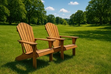 Two outdoor lounge chairs on a grassy area, turned to the left