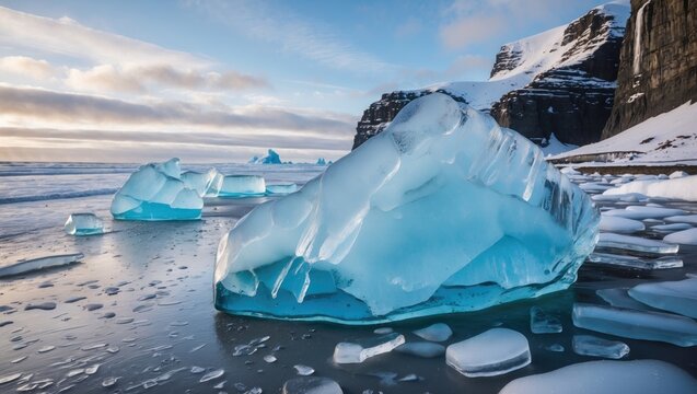 A picture showcasing frozen water on a shoreline