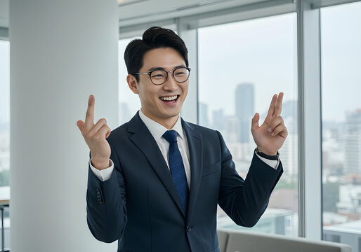 A cheerful businessman in a suit, gesturing with fingers crossed, in a modern office setting.