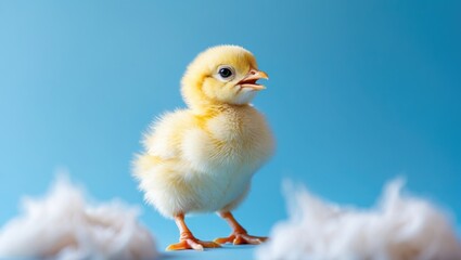 Obraz premium Adorable tiny newborn chicken on blue background. Close-up portrait of a just-hatched chick at a poultry farm.