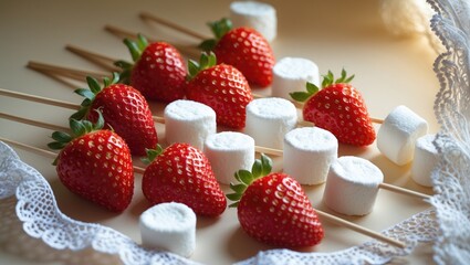 A vibrant collection of strawberries and soft marshmallows are charmingly assembled on sticks and elegantly displayed on a decorative plate, offering a delicious and enjoyable snack for everyone.
