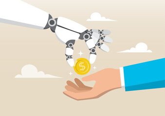a robotic hand giving a shiny gold coin with a dollar symbol 